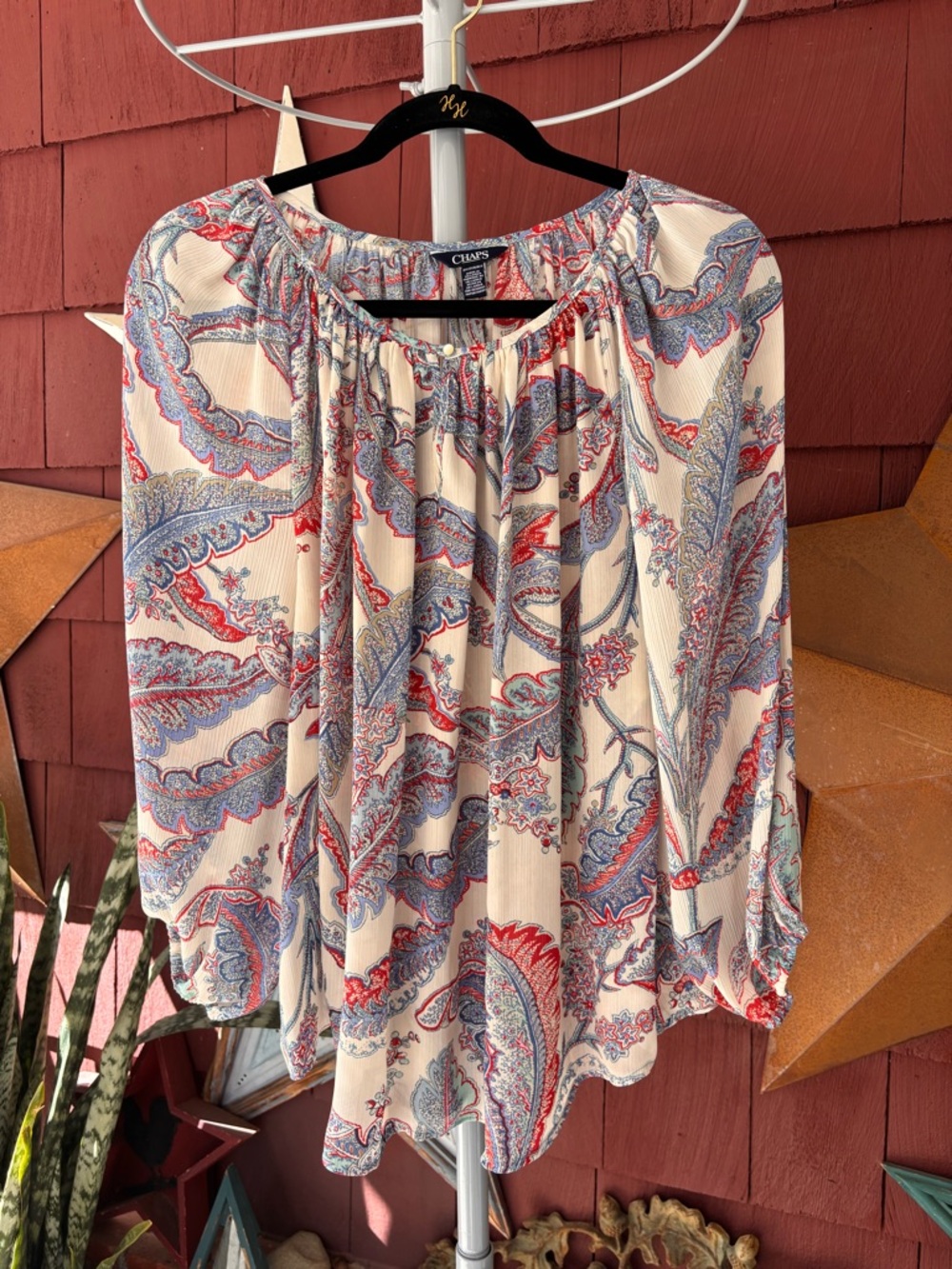 Chaps Paisley Cream Red Blue Blouse 3/4 Sleeve Simi Sheer Women’s Plus Size 2X